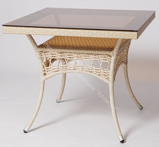 Стол FM-2001 квадратный со стеклом белый (молочный) , ротанг искусственный