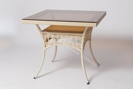 Стол FM-2001 квадратный со стеклом белый (молочный) , ротанг искусственный