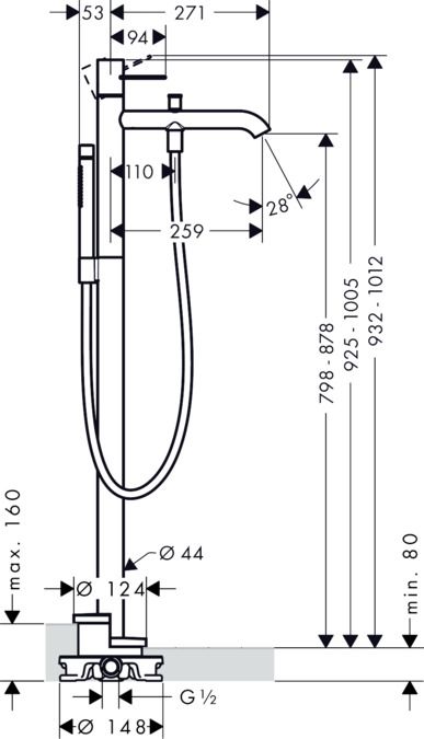 Смеситель Hansgrohe AXOR Uno для ванны с душем 38442000 схема 1