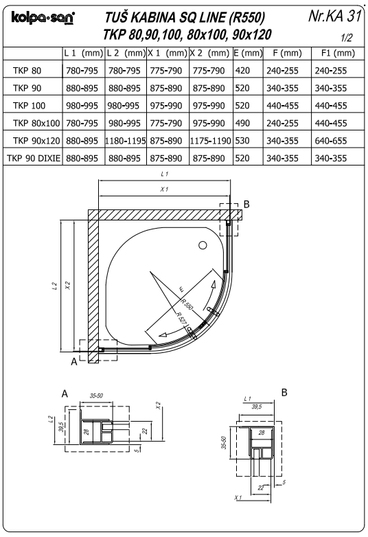 Душевая кабина Kolpa San Q LINE TKP четверть круга схема 2