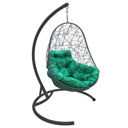 МГКОР-13-04 Подвесное кресло ОВАЛ с ротангом серое, зелёная подушка