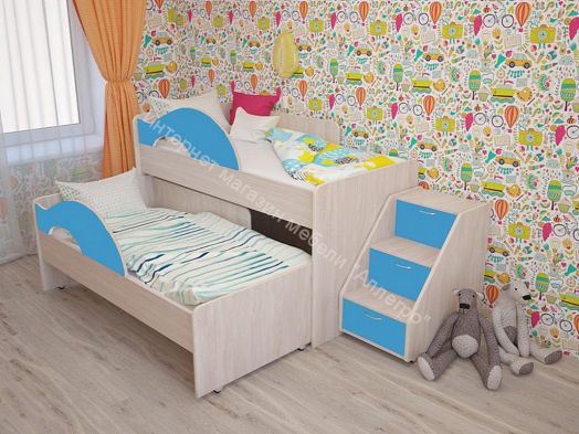 Кровать "Радуга" выкатная 1.9 на щитах с ящиком  Млечный дуб, Синий