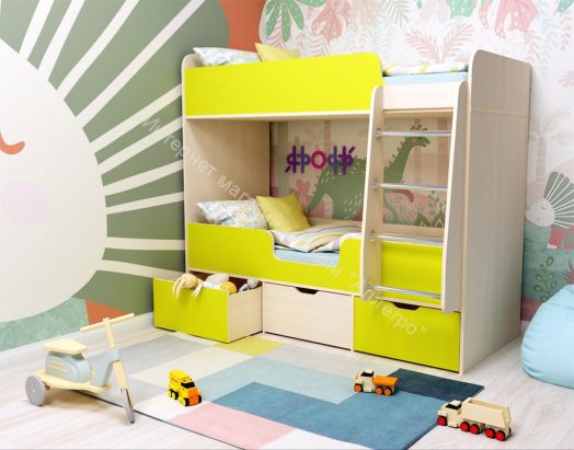 Кровать двухъярусная Малыш Двойняшка 70*160, дуб молочный/лайм