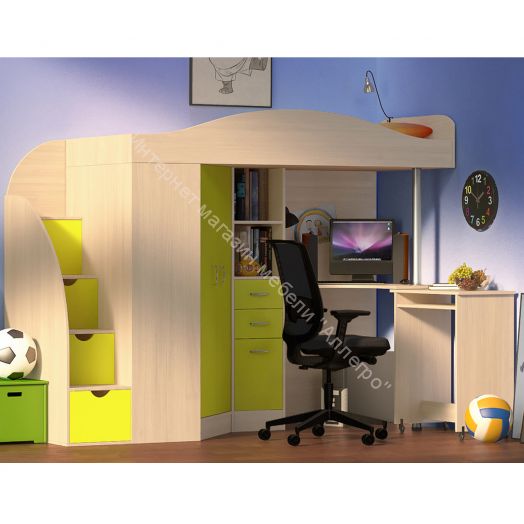 Кровать-чердак Юниор-4 80*190, дуб молочный/лайм