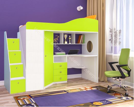 Кровать-чердак Кадет-1 08*1,9 м с универсальной лестницей, Белое дерево /Лайм