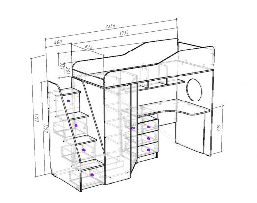 Кровать-чердак Кадет-1 08*1,9 м с универсальной лестницей, Белое дерево /Лайм