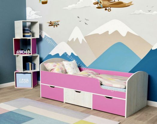 Кровать Малыш Мини 0,7*1,6 м с бортиком и 3-мя выкатными ящиками, Винтерберг/Розовый