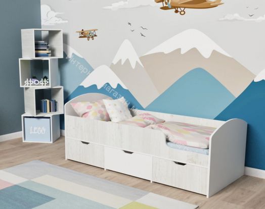 Кровать Малыш Мини 0,7*1,6 м с бортиком и 3-мя выкатными ящиками, Винтерберг / Белое дерево