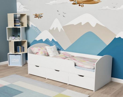 Кровать Малыш Мини 0,7*1,6 м с бортиком и 3-мя выкатными ящиками, Белое дерево / Белое дерево
