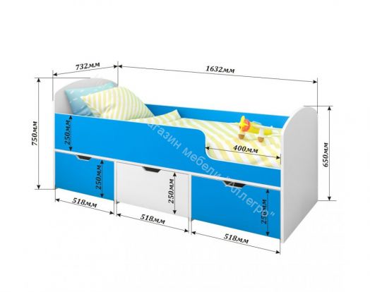 Кровать Малыш Мини 0,7*1,6 м с бортиком и 3-мя выкатными ящиками, Белое дерево / Белое дерево