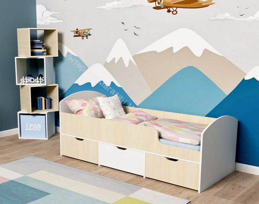 Кровать Малыш Мини 0,7*1,6 м с бортиком и 3-мя выкатными ящиками, Белое дерево / Дуб молочный