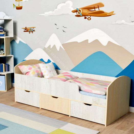 Кровать Малыш Мини 0,7*1,6 м с бортиком и 3-мя выкатными ящиками, Дуб молочный / Винтерберг