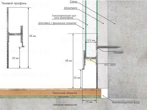 Теневой плинтус Strong под подсветку усиленный, чёрный анодированный