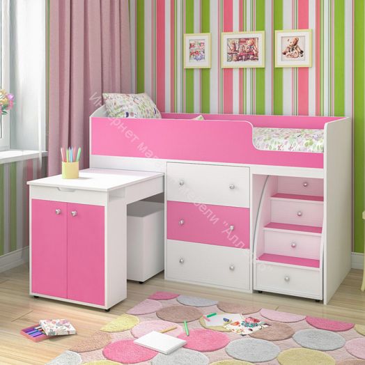 Кровать Малыш 70*160 МАЛЫЙ, Белое дерево/Розовый