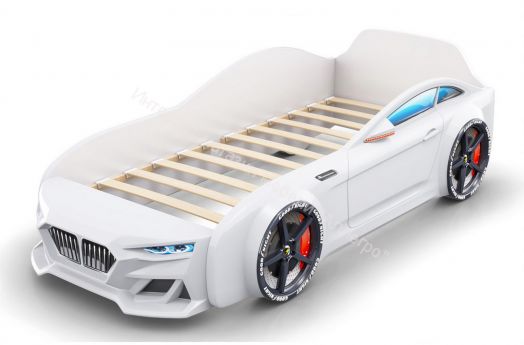 Кровать-машинка Romack Dynamic ламели+Подсветка фар+Объёмный капот Белая