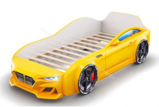 Кровать-машинка Romack Dynamic ламели+Подсветка фар+Объёмный капот Жёлтая