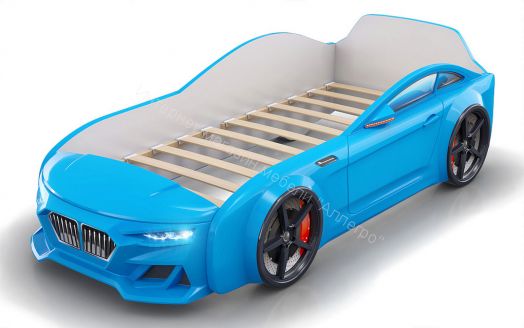 Кровать-машинка Romack Dynamic ламели+Подсветка фар+Объёмный капот Голубая