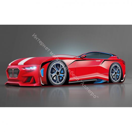 Кровать-машинка Romack Boxter New 170*70 см с подъёмным механизмом + Подсветка фар + Объёмный бампер, Красный