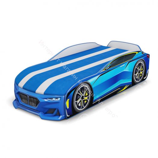 Кровать-машинка Romack Boxter New 170*70 см с подъёмным механизмом + Подсветка фар + Объёмный бампер, Голубой