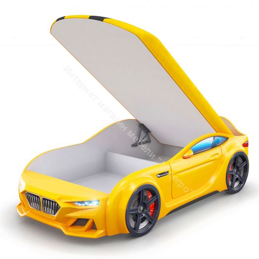 Кровать-Машинка Baby-M 150*70 см с П/М +подсветка фар + ящик + Орто Матрас, желтая