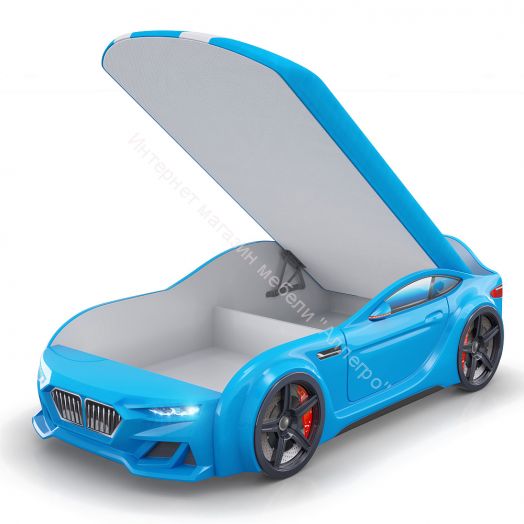 Кровать-Машинка Baby-M 150*70 см с П/М + подсветка фар + ящик + Орто Матрас, голубая