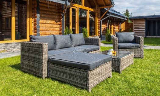 Комплект GRAND VICKY (диван + пуф + кресло + стол со стеклом) с подушками, ротанг искусственный, Серый