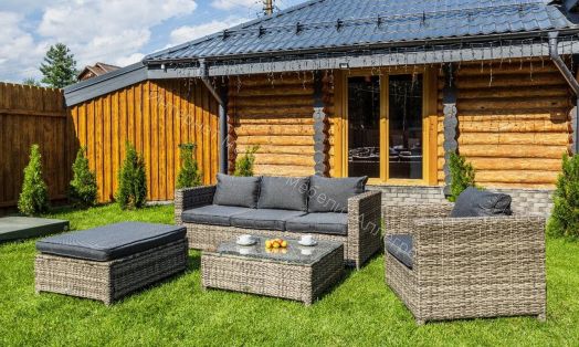 Комплект GRAND VICKY (диван + пуф + кресло + стол со стеклом) с подушками, ротанг искусственный, Серый