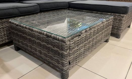 Комплект GRAND VICKY (диван + пуф + кресло + стол со стеклом) с подушками, ротанг искусственный, Серый