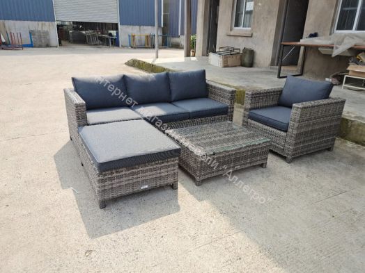 Комплект GRAND VICKY (диван + пуф + кресло + стол со стеклом) с подушками, ротанг искусственный, Серый