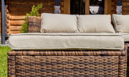 Комплект GRAND VICKY (диван + пуф + кресло + стол со стеклом) с подушками, ротанг искусственный, Коричневый