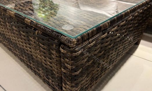 Комплект GRAND VICKY (диван + пуф + кресло + стол со стеклом) с подушками, ротанг искусственный, Коричневый