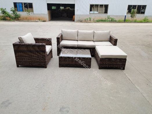 Комплект GRAND VICKY (диван + пуф + кресло + стол со стеклом) с подушками, ротанг искусственный, Коричневый