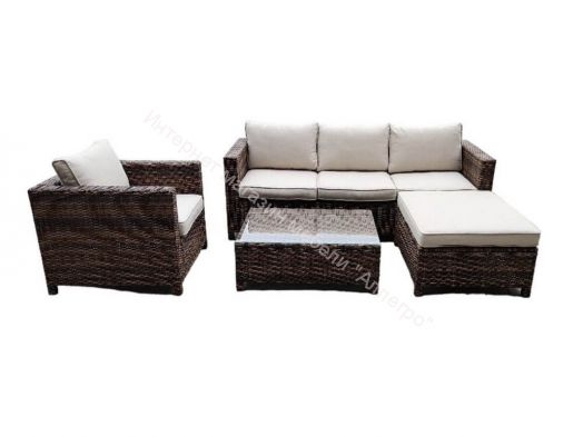 Комплект GRAND VICKY (диван + пуф + кресло + стол со стеклом) с подушками, ротанг искусственный, Коричневый