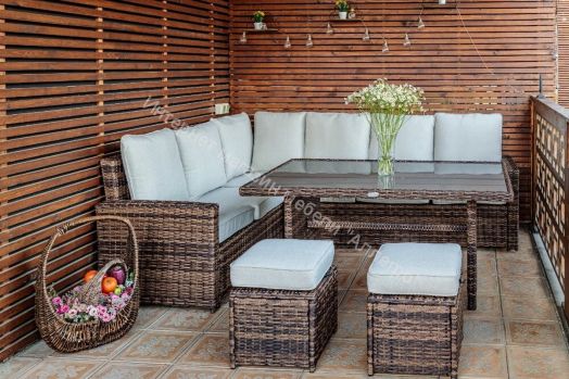 Комплект ZORRO (диваны + пуфы + стол со стеклом) с подушками, ротанг искусственный, Коричневый