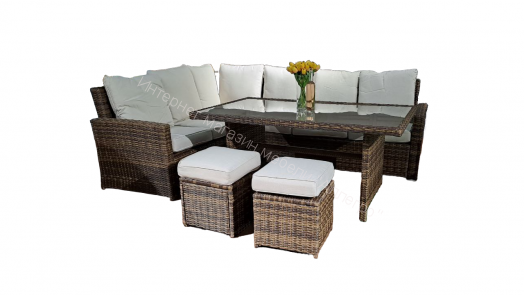 Комплект ZORRO (диваны + пуфы + стол со стеклом) с подушками, ротанг искусственный, Коричневый
