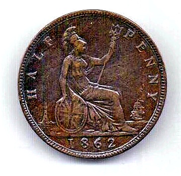 1/2 пенни 1862 Великобритания XF