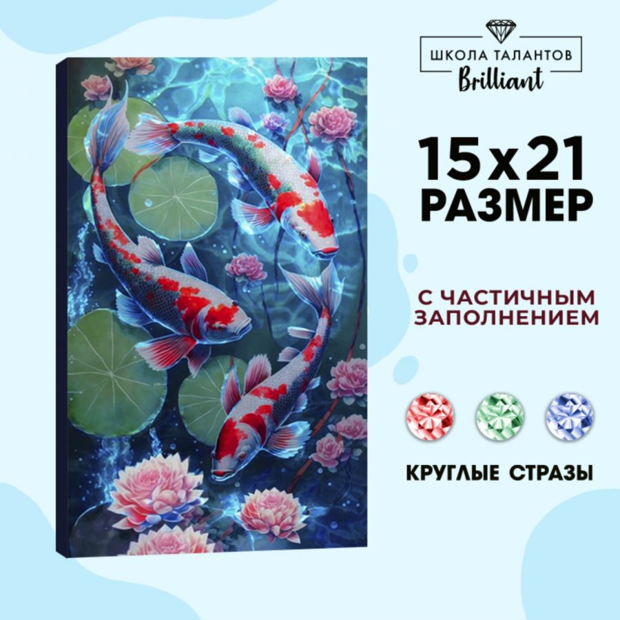 Алмазная вышивка с частичным заполнением на холсте «Карпы»?, 15 х 21 см