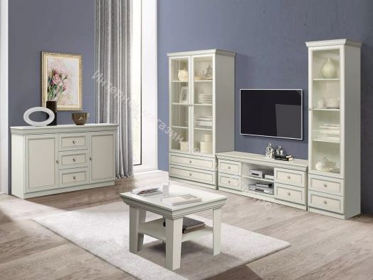 Тумба под ТВ 40.05 Эльмира, Белый/Белая кожа патина