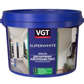 Краска для Наружных и  Внутренних Работ VGT Superwhite ВД-АК-1180 45кг Акриловая, Супербелая, Матовая / ВГТ.