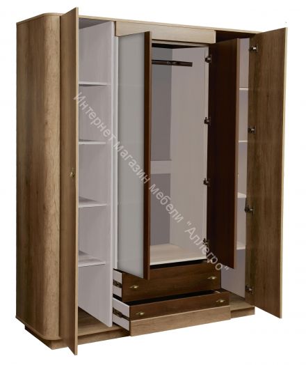 Шкаф для одежды 34.01 Фантазия 4-х дверный с зеркалом, Дуб каньон/Дуб кальяри