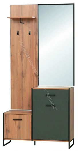 Шкаф (прихожая) 46.09 Доната (с зеркалом), Дуб вотан/Диамант серый/металл Черный