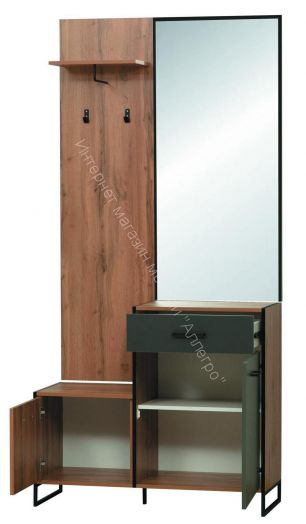 Шкаф (прихожая) 46.09 Доната (с зеркалом), Дуб вотан/Диамант серый/металл Черный