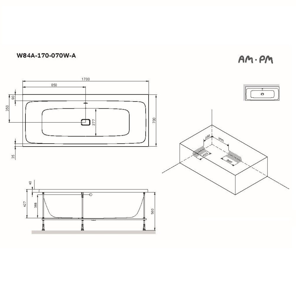 Встраиваемая прямоугольная ванна Am.Pm Func W84A-170-070W-A 170х70 схема 2