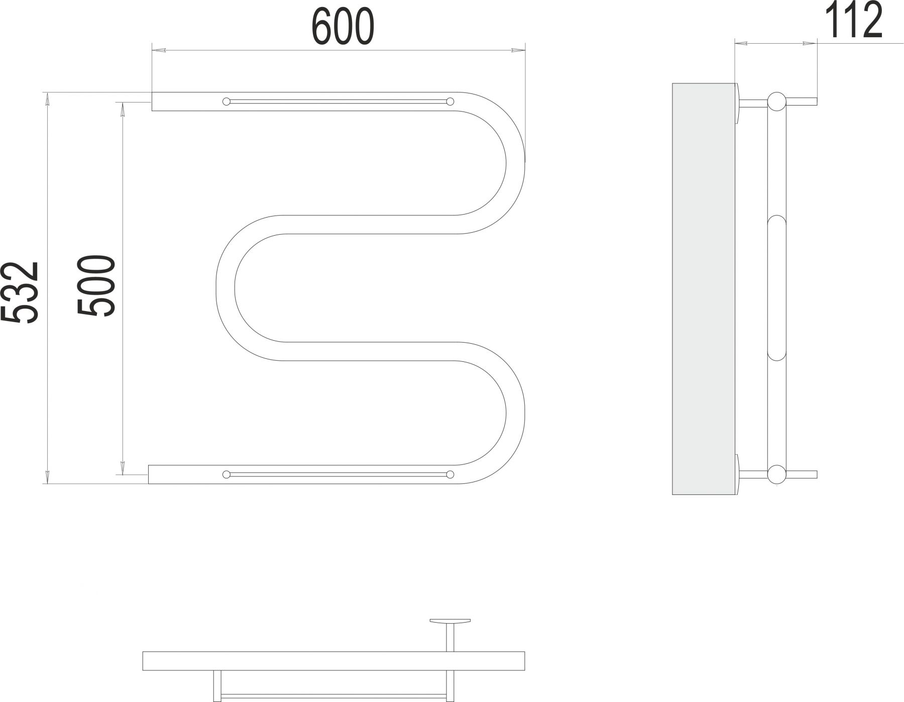 Полотенцесушитель водяной с боковым подключением TERMINUS М-образный с полкой 60х53,2 схема 3