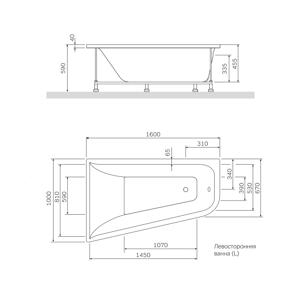 Акриловая ванна Am.Pm Spirit W72A-160L100W-A2 160х100 левосторонняя схема 2