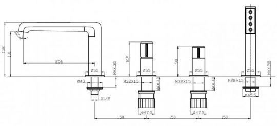 Смеситель на борт ванны BelBagno UNO-BVD4 ФОТО