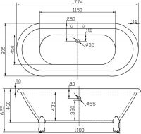 Овальная ванна на лапках Belbagno BB21 178x79 винтаж схема 2