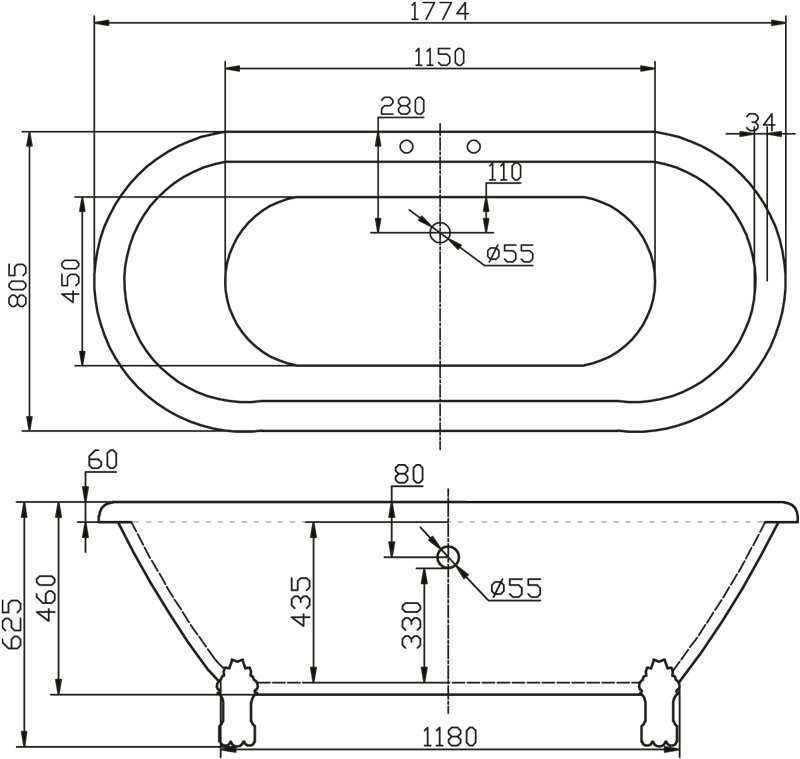 Овальная ванна на лапках Belbagno BB21 178x79 винтаж схема 2