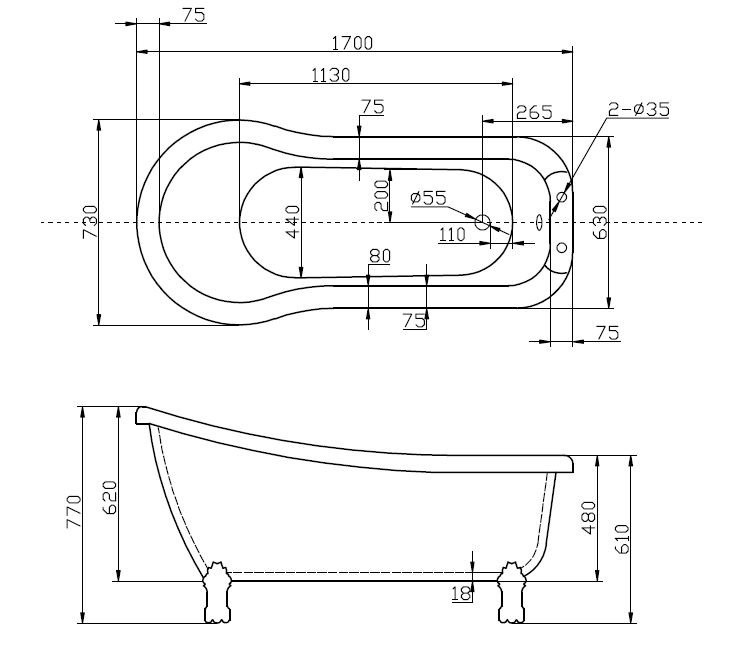 Ванна с лапками отдельностоящая Belbagno BB20 169x70 схема 2