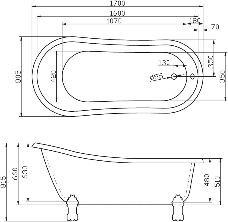 Отдельностоящая овальная ванна Belbagno 170x80 BB04 стандартный слив перелив схема 2